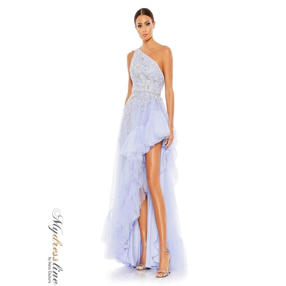 Mac Duggal Lavender One Shoulder High Low Ruffle Tulle Gown‎ Floral Sequin Dress
